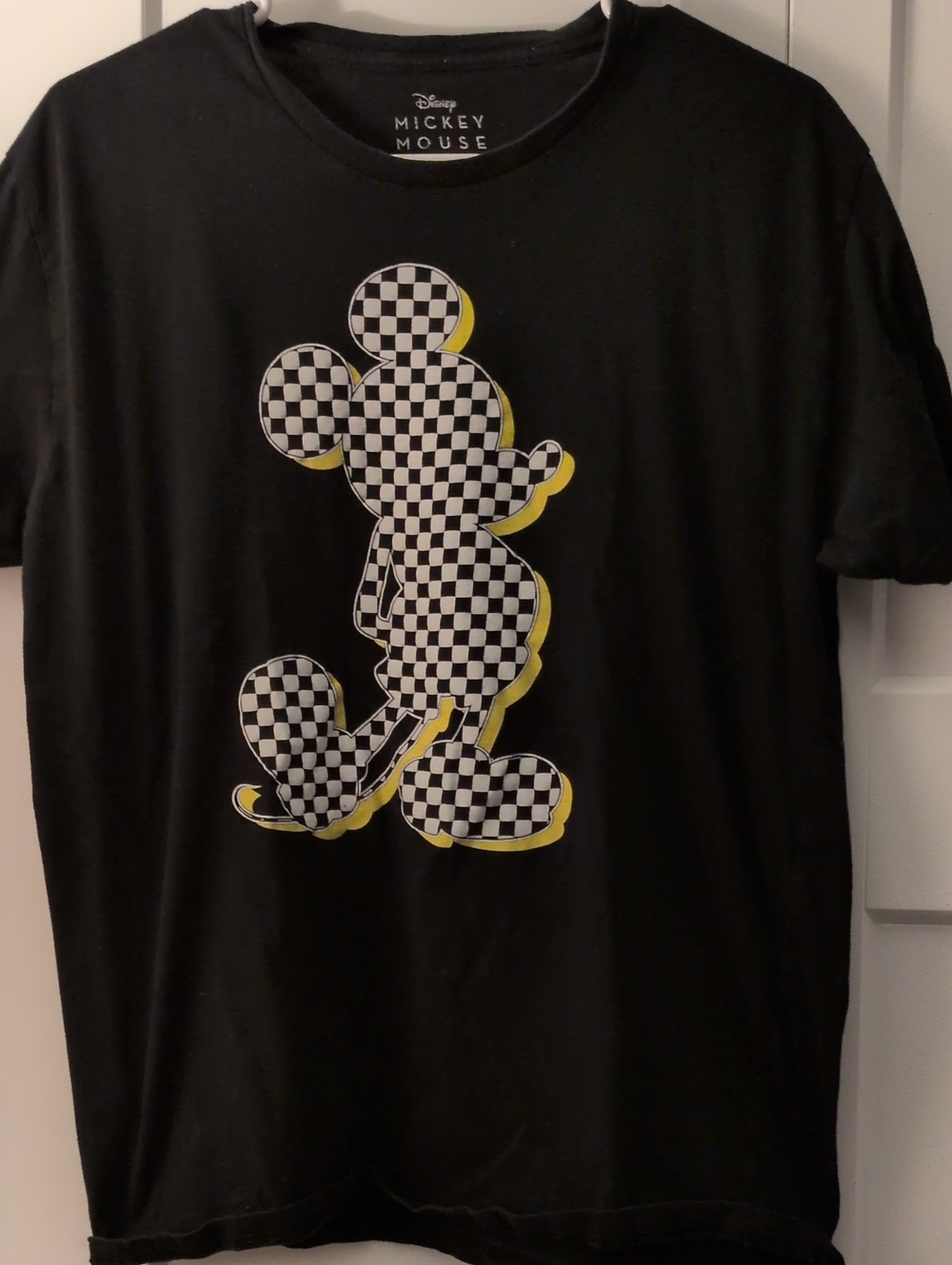Disney Black Mickey Mouse Checkerboard Graphic Tee with Yellow Outline Kids Larg